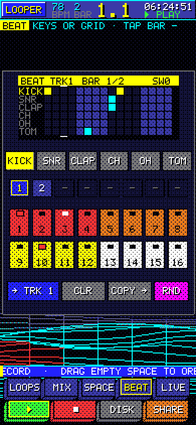 BEAT screen: a drum machine grid with six voices and sixteen steps