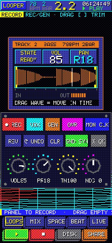 RECORD screen for the bass track: waveform, REC, GEN, VOX and SND keys, volume and pan knobs
